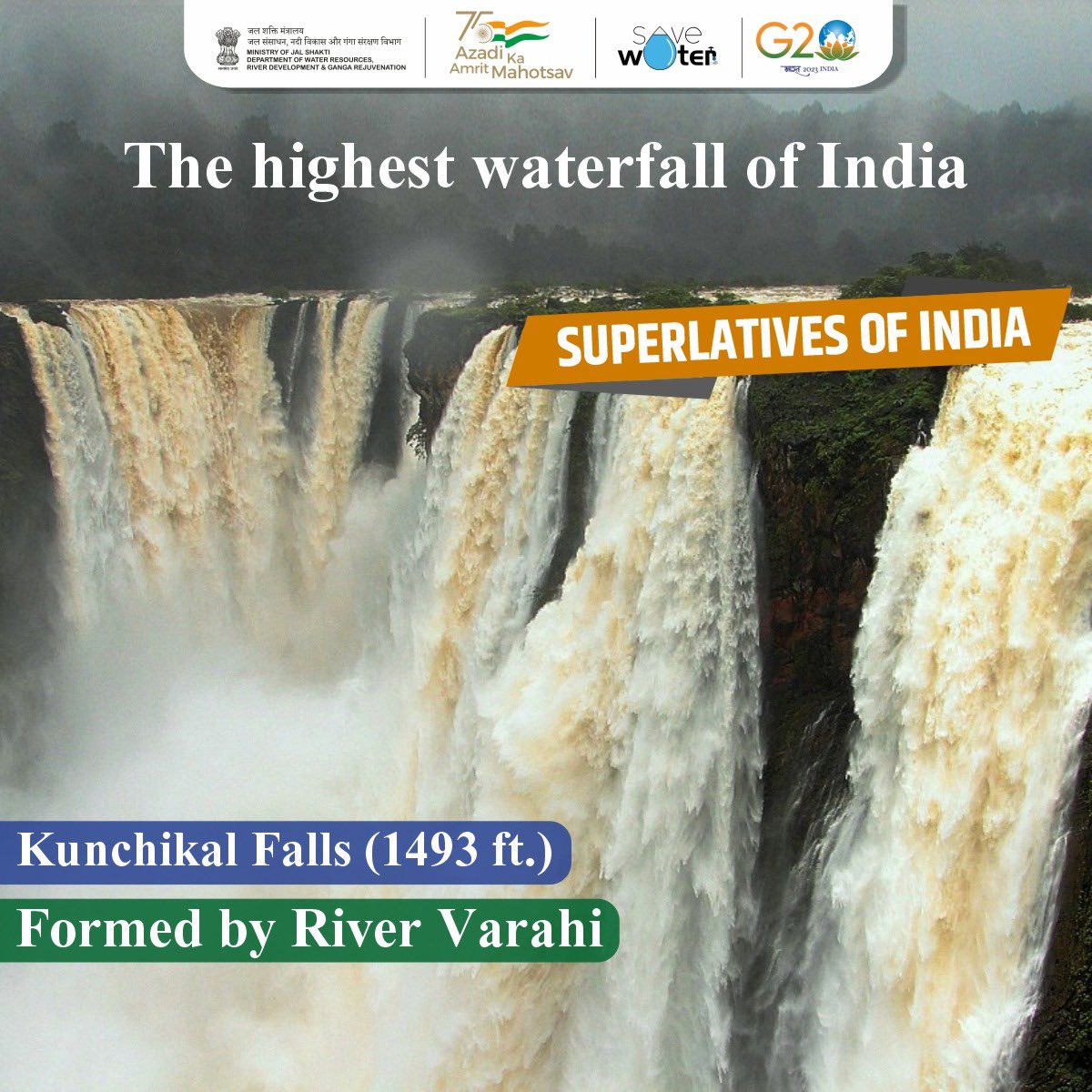DoWRRDGR_MoJS's tweet photo. The Kunchikal Falls is the highest waterfall in India situated in the Shimoga district of Karnataka. They fall from a height of 1493 ft. and is formed by the Varahi River. It is situated amidst an abundant rain forest. #SuperlativesofIndia #highestwaterfall https://t.co/ZVzoKyHsQF