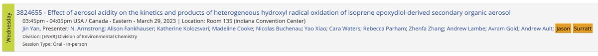 Andrew Ault (@andy_p_ault) on Twitter photo Also check out talks and posters by our collaborators:
Jin Yan (UNC Surratt Lab <a href="/SurrattGoldLab/">Surratt & Gold Lab</a>): Talk Weds Afternoon (ENVR)
Emily Cost (<a href="/MichiganChem/">Michigan Chemistry</a> Pratt Lab <a href="/ArcticKerri/">Dr. Kerri Pratt</a>): Poster ENVR (Weds Evening) Also check out talks and posters by our collaborators:
Jin Yan (UNC Surratt Lab <a href="/SurrattGoldLab/">Surratt & Gold Lab</a>): Talk Weds Afternoon (ENVR)
Emily Cost (<a href="/MichiganChem/">Michigan Chemistry</a> Pratt Lab <a href="/ArcticKerri/">Dr. Kerri Pratt</a>): Poster ENVR (Weds Evening)