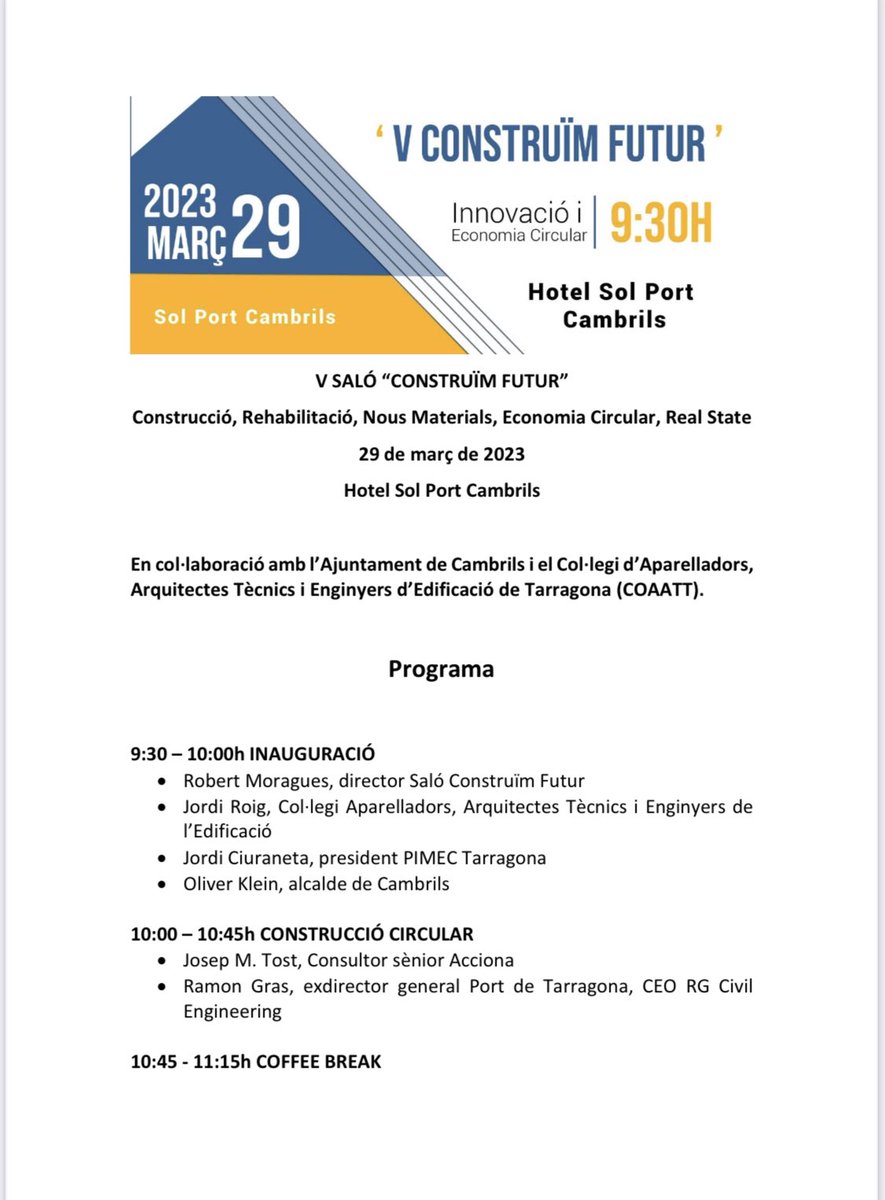 josepmariatost's tweet photo. Agenda 29/03 a Cambrils, “Vè Fòrum Construïm Futurr: Innovació i Economia Circular”.
Explicaré gestió circular dels residus construcció. La situació a EU, CAT i l’experiència d circularitat d les obres  d’ @ACCIONA: tancant el cercle des d la planta d Vilanova del Vallès. 
(1/2) https://t.co/BEXFBJvjC0