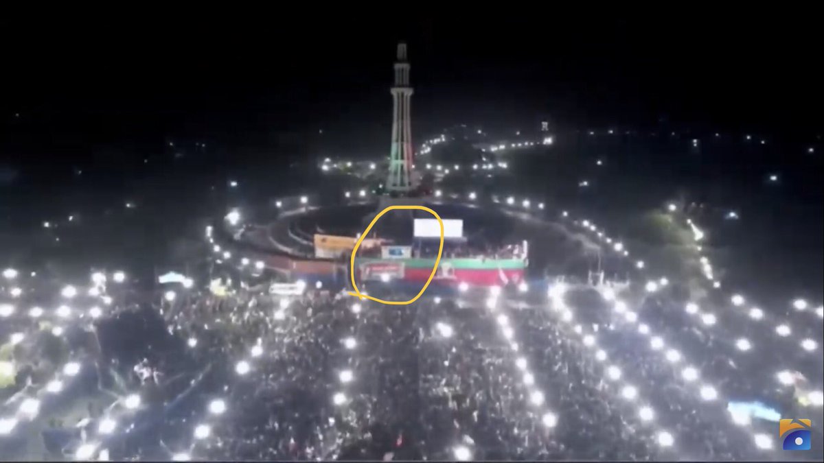 ArifCRafiq's tweet photo. It’s 1:30am in Lahore where former Pakistani Prime Minister Imran Khan is addressing massive crowd from a bulletproof container. His life remains in danger after a failed assassination attempt last year. The turnout is huge in spite of government attempts to block attendees. https://t.co/ACPd75YzMZ