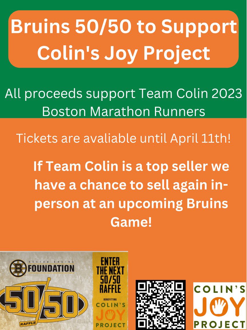 Colin’s Joy Project is fortunate to be a beneficiary of the @BostonBruinsNHL charity 50/50 now until 4/11. Jackpot is over $110k and climbing! Chance to win big while supporting our marathon runners and @colinjoyproject Get your tickets here! bruins.5050raffle.org/give/bbf/5050-…