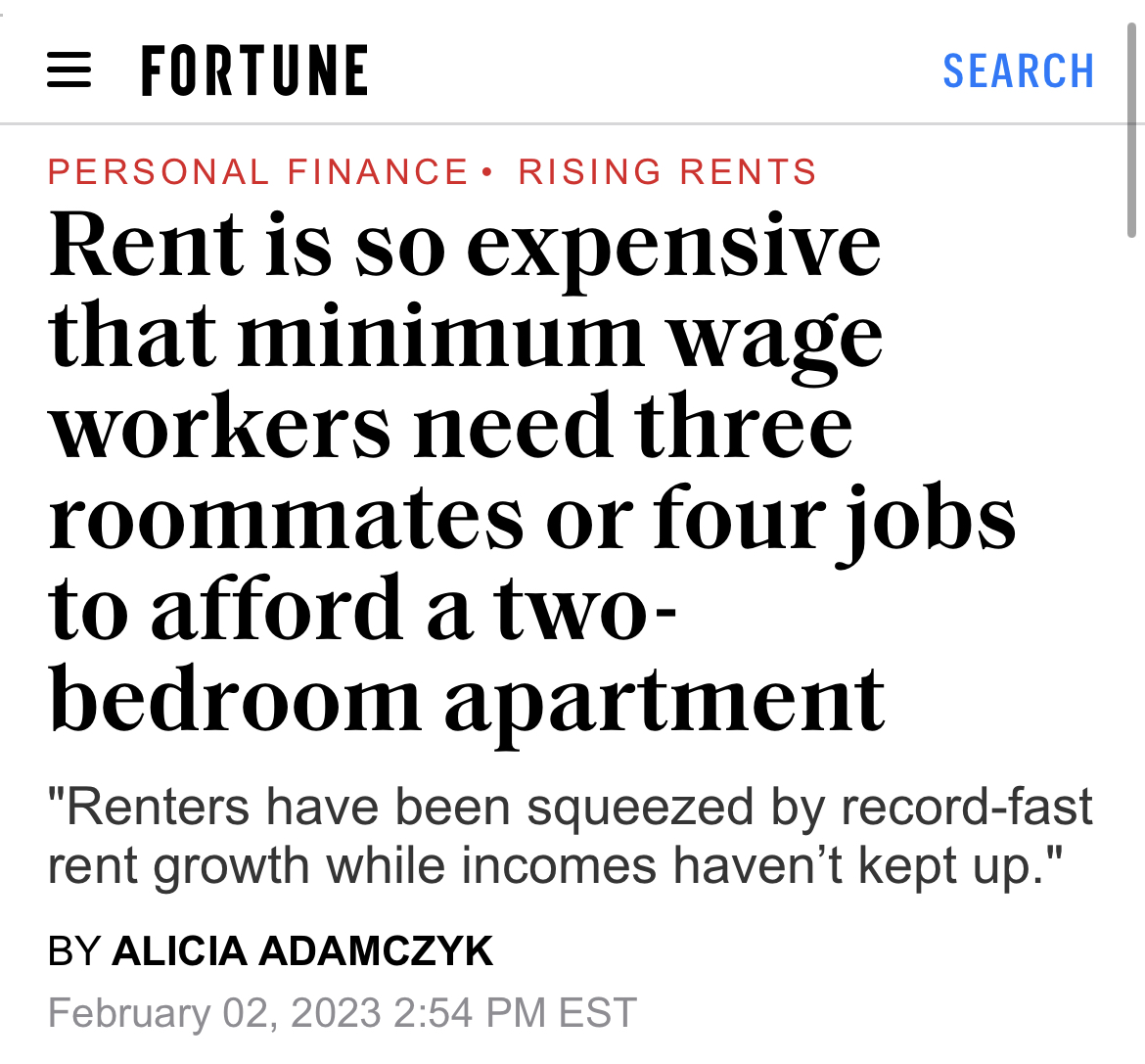 Screenshot of a headline from Fortune that says, "Rent is so expensive that minimum wage workers need three roommates or four jobs to afford a two-bedroom apartment"