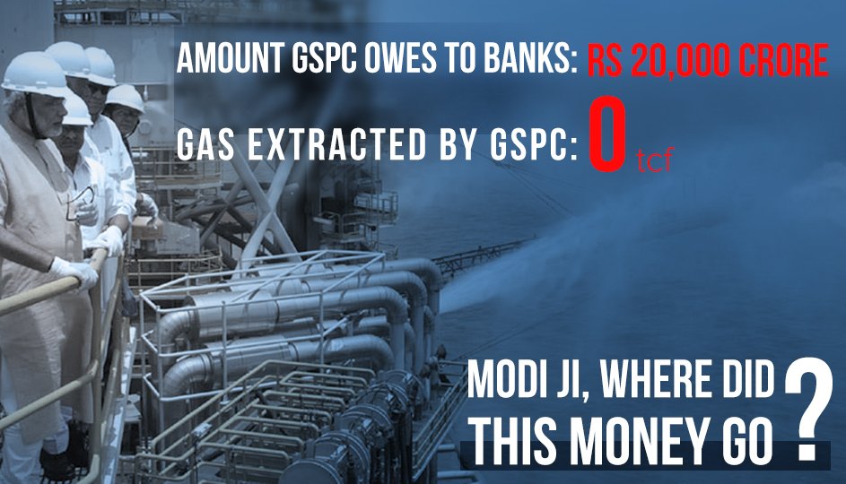 nkk_123's tweet photo. #GSPCscam CM Modi In 2005 announced India's largest gas discovery in KG basin with gas reserves of 20 trillion cubic feet worth ₹2.20 lac cr.
GSPC borrowed Rs 20K cr to extract gas. No Gas extracted till date. Where has this money gone? 

Do u see what #RahulGandhi is exposing. https://t.co/kEVbEcZnKC