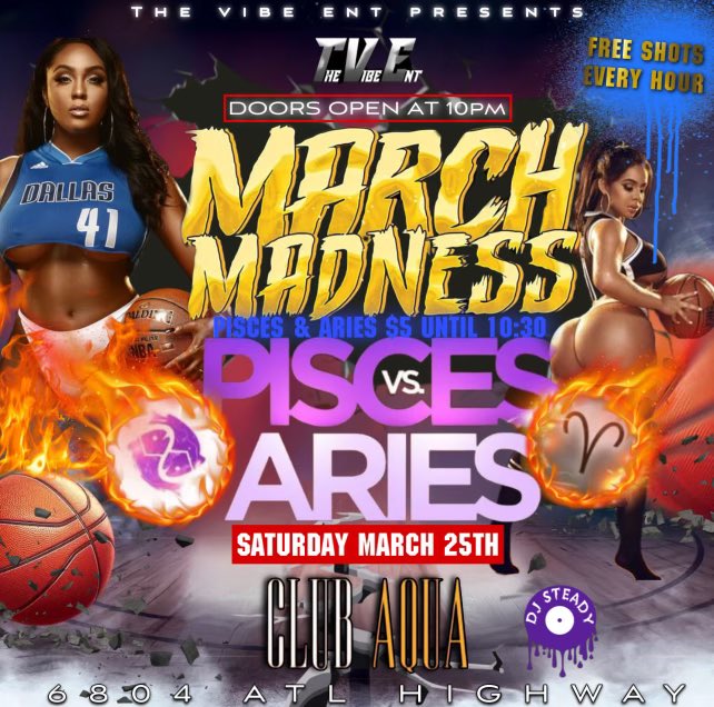 TONIGHT WE AT CLUB AQUA 🔥🔥🔥 It’s March madness and things get crazy 🔥 but ain’t nothing crazier than a VIBE ENT PARTY ✈️✈️✈️✈️✈️✈️✈️✈️

TONIGHT- Pieces Vs Aries Bash ‼️ with <a href="/retro_steady/">Dj Steady 💜</a> on the mix 🎧 

Don’t meet us there beat us there