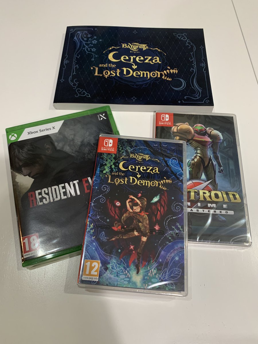 bean_2k1's tweet photo. Todays pickups, cant wait to play re4 #re4 #RE4remake  #MetroidPrimeRemastered  #cerezaandthelostdemon https://t.co/VP8e5GbRds