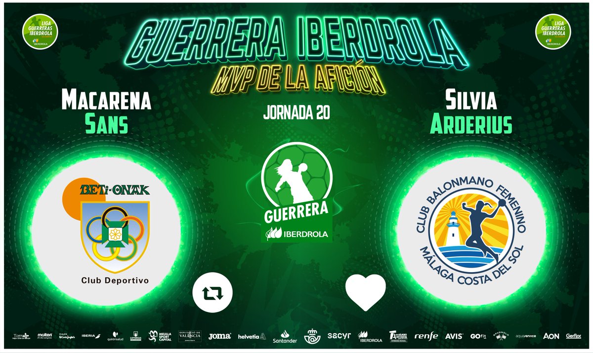 Liga Guerreras Iberdrola (@iberdroladhf) on Twitter photo ⭐️ #GuerreraIberdrola - Jornada 20
🆚 <a href="/Beti_guerreras/">Replasa Beti-Onak</a> : <a href="/BMMalagaCosta/">Costa del Sol Málaga</a>
♻️ RT: <a href="/MacaSans/">Maca Sans</a>
❤️ Me gusta: <a href="/SilviaArderius/">Silvia Arderius</a> ⭐️ #GuerreraIberdrola - Jornada 20
🆚 <a href="/Beti_guerreras/">Replasa Beti-Onak</a> : <a href="/BMMalagaCosta/">Costa del Sol Málaga</a>
♻️ RT: <a href="/MacaSans/">Maca Sans</a>
❤️ Me gusta: <a href="/SilviaArderius/">Silvia Arderius</a>