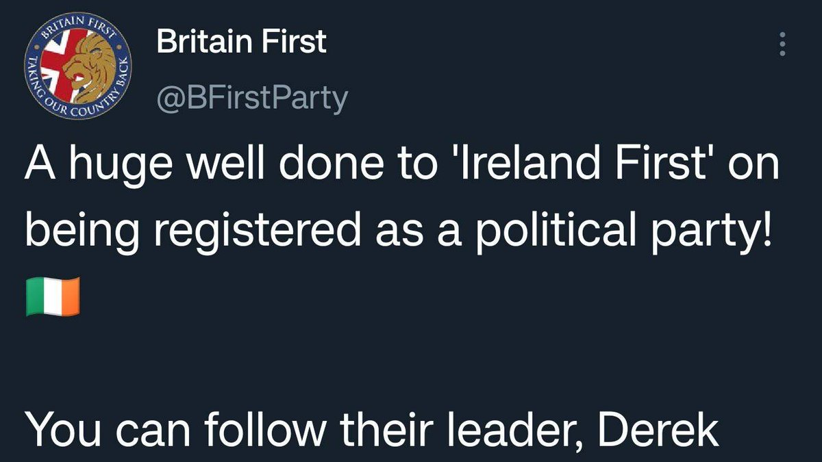 RepublicansAF's tweet image. "Ireland First" the fascist organisation that has been sending agitators around the country and invited Tommy Robinson to Ireland, being congratulated by their parent party, the fascist Britain First.

The Irish far right is entirely directed and controlled from Britain.