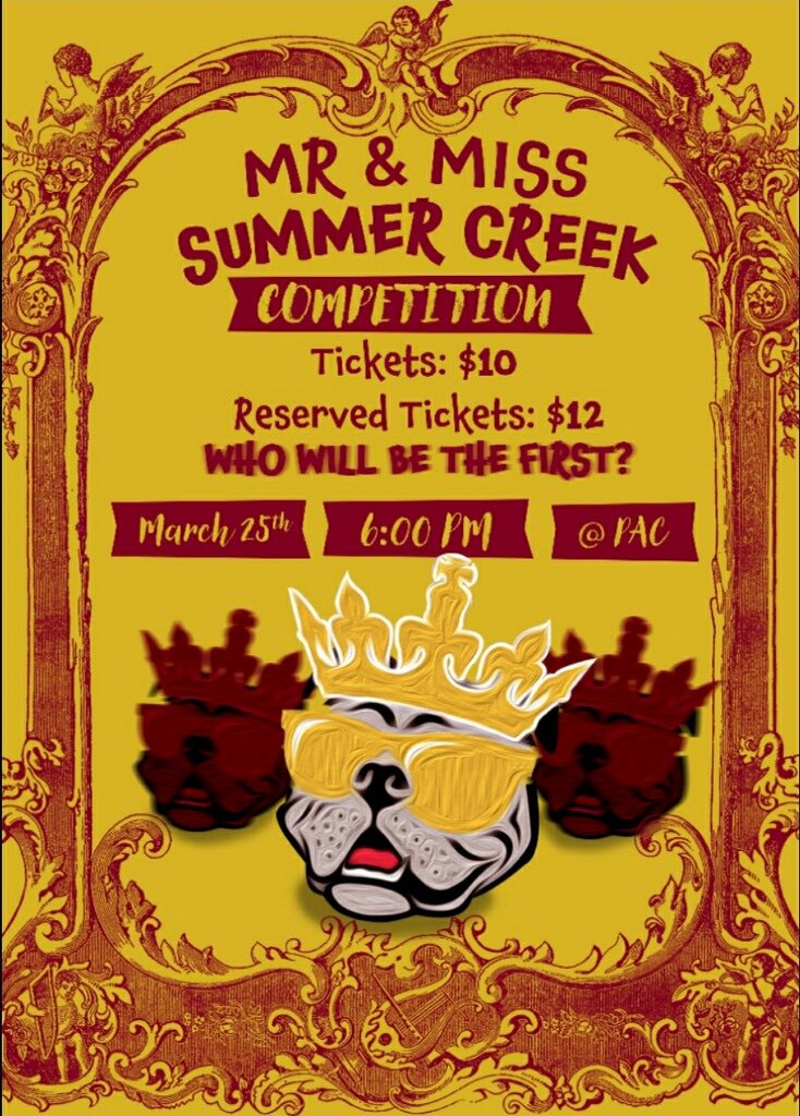 Tonight, 6pm, join us as 17 seniors compete for the title of Mr and Miss Summer Creek! These seniors have been working extremely hard for the past few weeks and can’t wait to show you what they’ve got! (Don’t forget to bring extra $1 bills so you can vote for people’s choice!)