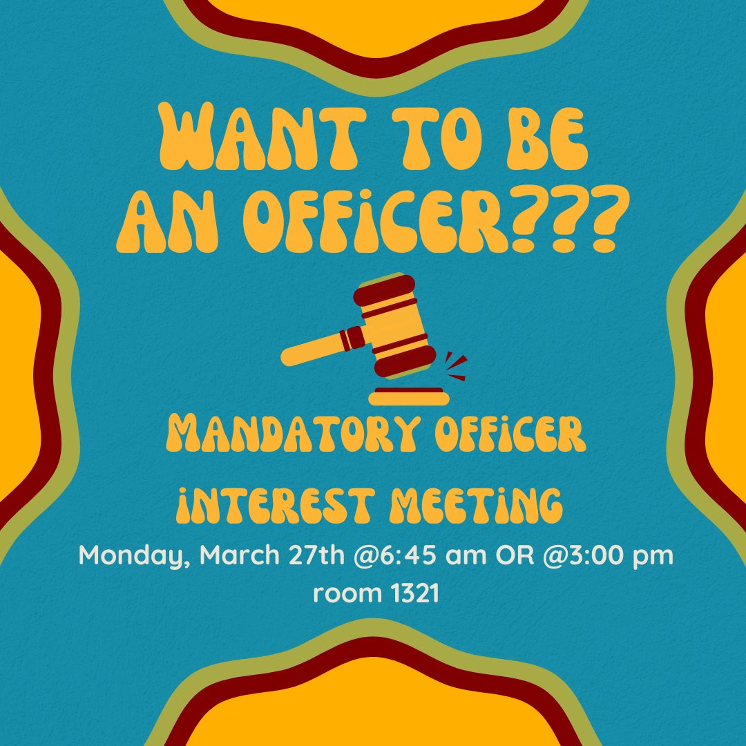 Do you want to be a leader for your class, or better yet, your entire student body? Well, lucky for you, elections are coming up and you have a chance to put YOUR name on the ballot! Make sure to head to Room 1321 this Monday for a mandatory officer-interest meeting.