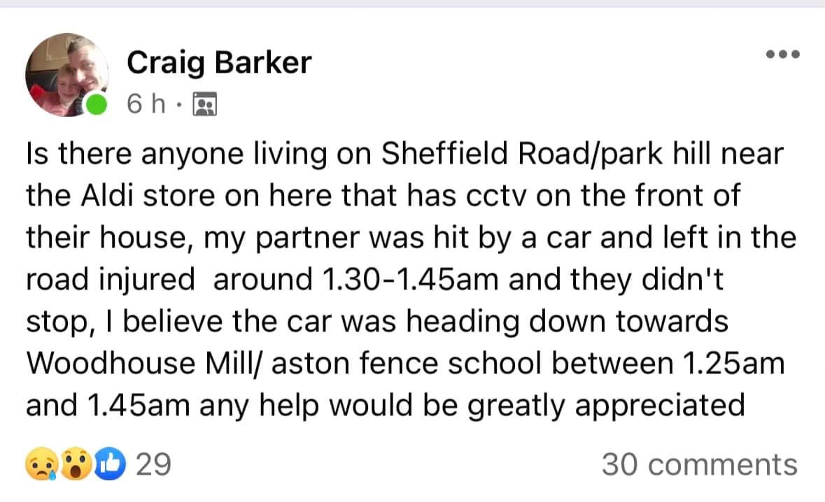 ⚠️ PLEASE SHARE ⚠️

In the early hours of this morning, Coral’s sister was hit by a car who then drove off, they are looking for anyone who may have seen it or lives nearby who may have CCTV footage of it. 

Please get in touch if you think you may be able to help!