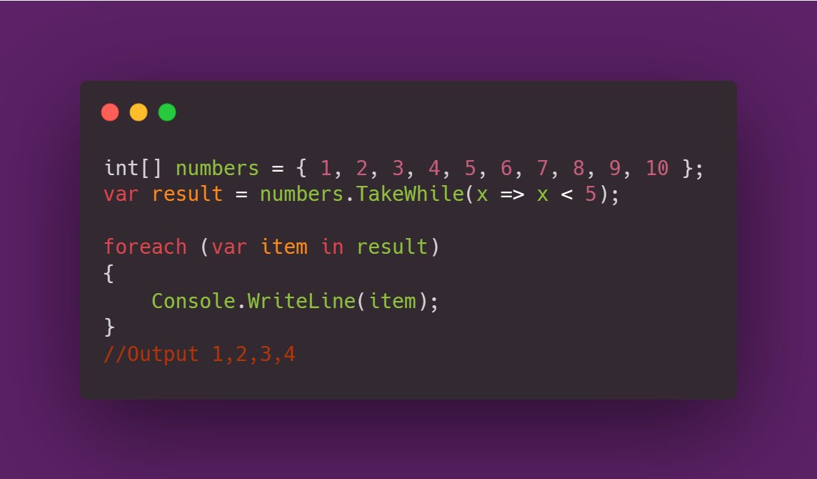 Syntax_stories's tweet image. TakeWhile is a LINQ operator that returns elements from a sequence as long as a specified condition is true.
#csharp #dotnet #linq