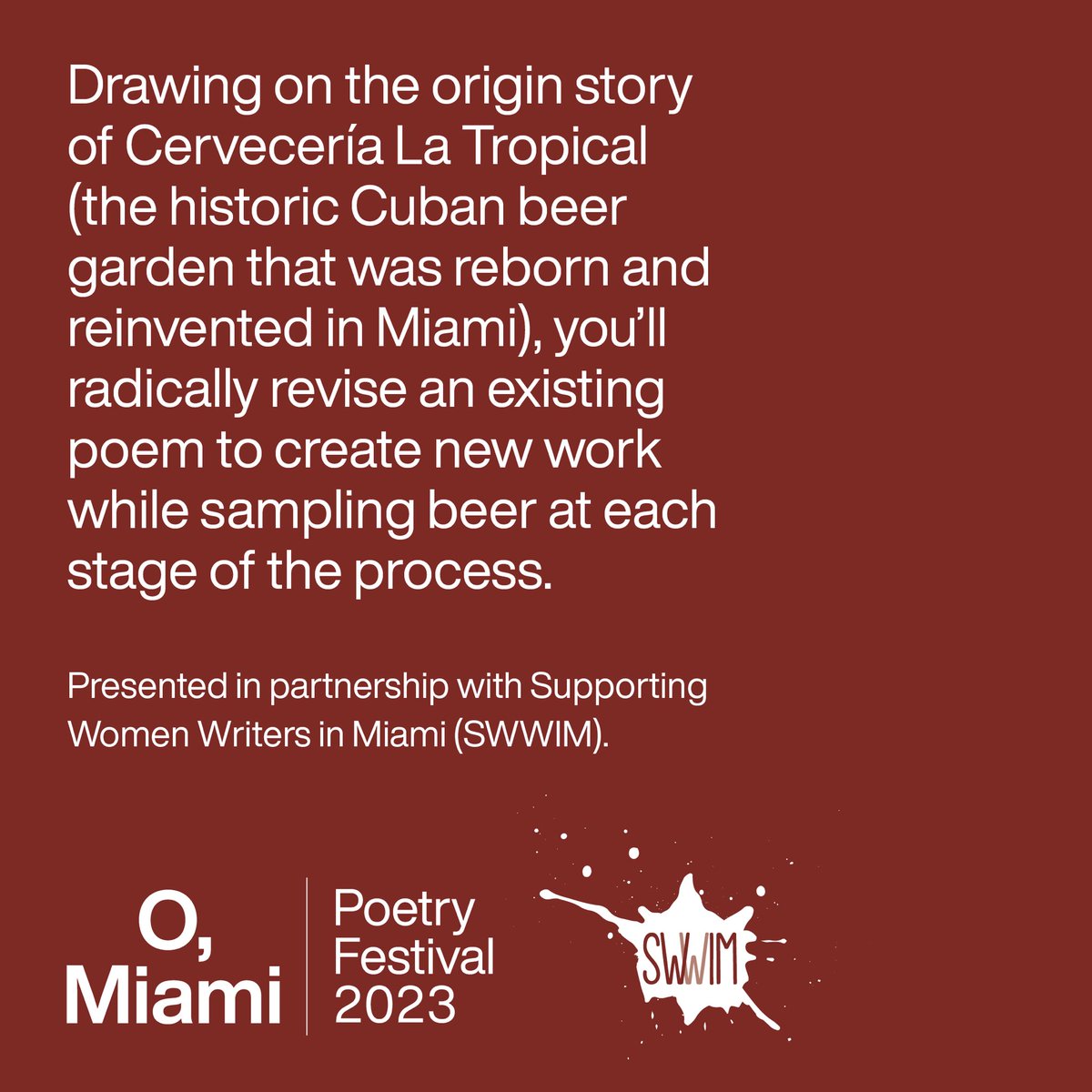 SWWIMmiami's tweet photo. Join us April 6th for a night of poetry and beer! 🍻

SWWIM is excited to be partnering with @omiamifestival to bring you “Cervecería Poesía.” 

#poetry #poet #poetryworkshop #Miami #miamifestival #SWWIM #SWWIMwithus # https://t.co/LNmQYph8Px