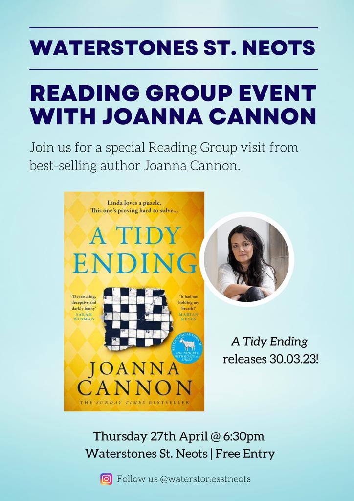 Our next BookClub (grownup one this time) event is with @JoannaCannon to discuss her wonderful  paperback release of A Tidy Ending. Again all welcome #comesee #enquirewithin #sunnystneots #free #fortheloveofbooks