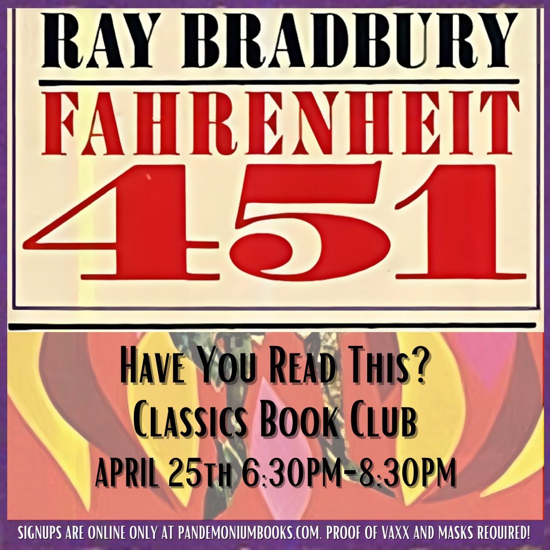 pandygamesma's tweet photo. HAVE YOU READ THIS? Our new classics book club starts April 25th with the banned vintage title Fahrenheit 451 by Science Fiction genre great, Ray Bradbury.
https://t.co/IWl03eZlHI
#PandeBooks #PandeEvents https://t.co/SqTQuI8Kmq