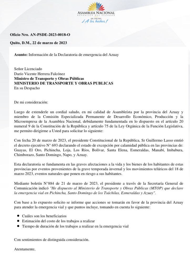 DianaPesantezS's tweet photo. Es en realidad la declaratoria de Emergencia de la vialidad del Azuay una efectiva e integral solución a la problemática vial de los Azuayos? 

Solicitamos información al respecto.
@ObrasPublicasEc @LassoGuillermo https://t.co/1Wq4PJ9AN9