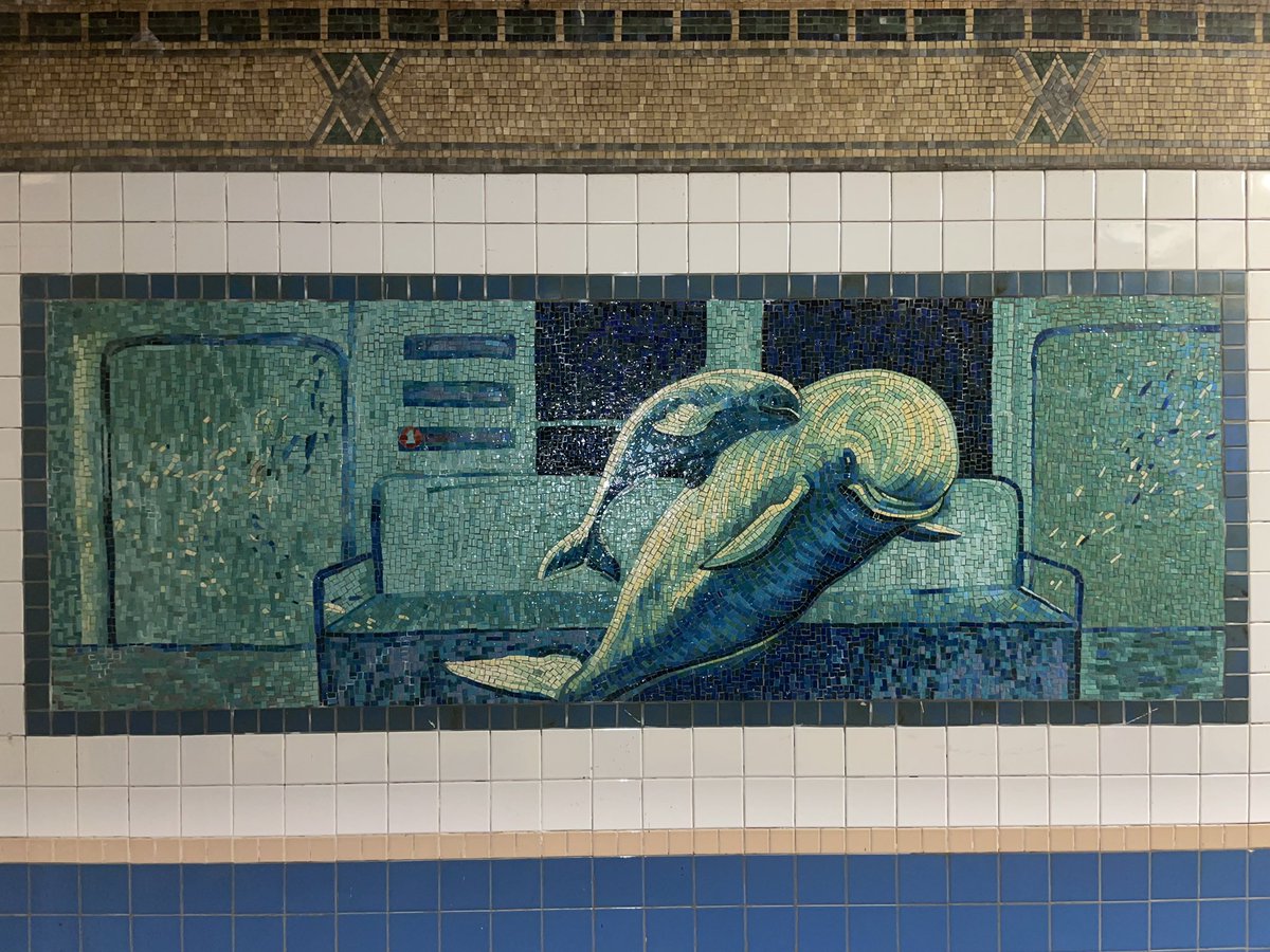 wait i'm so emotional over this glass mosaic of a gorgeous whale and her precious calf commuting on the 1 train