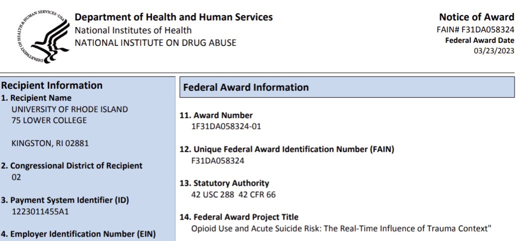 So excited to share that I was awarded an F31 by @NIDAnews. I will use EMA to study real-time associations among posttraumatic stress, opioid use, & acute suicide risk. Many thanks to my wonderful mentors @NHWeissPhD @MichaelArmeyPhD and support from @URI_STRESSLab @opioidsCOBRE