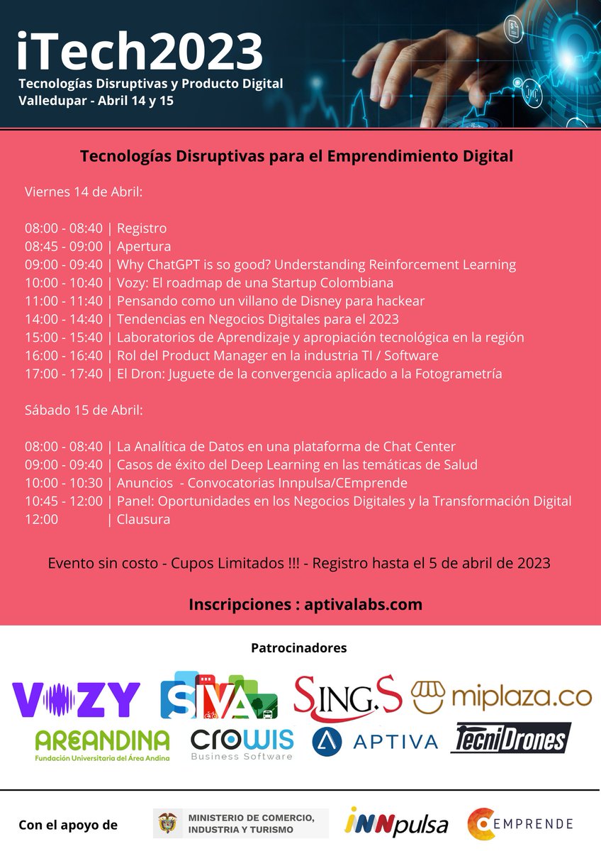 itech2023's tweet photo. Muy pronto, iTech2023, Tecnologías Disruptivas y Producto Digital. #Valledupar, 14 y 15 de Abril en Área Andina. #BigData #IoT #InteligenciaArtificial #MachineLearning #DeepLearning Cupos Limitados !!!

@fabianmestre @SergioDaza @hcorzo @abdobarrerac https://t.co/ckTJ46OGuX