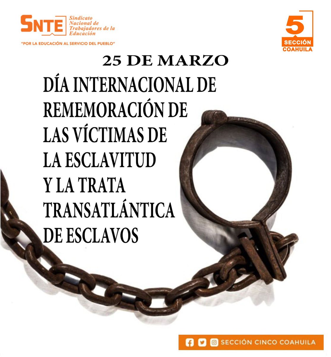SNTECinco's tweet photo. #25marzo Día Internacional de Recuerdo de las Víctimas de la Esclavitud y la Trata Transatlántica de
Esclavos

🟠El 25 de cada mes se conmemora el Día Naranja, un día para actuar, generar conciencia v prevenir la violencia contra muieres y niñas.

#SNTEconLosDerechos https://t.co/ki68sFAXYe