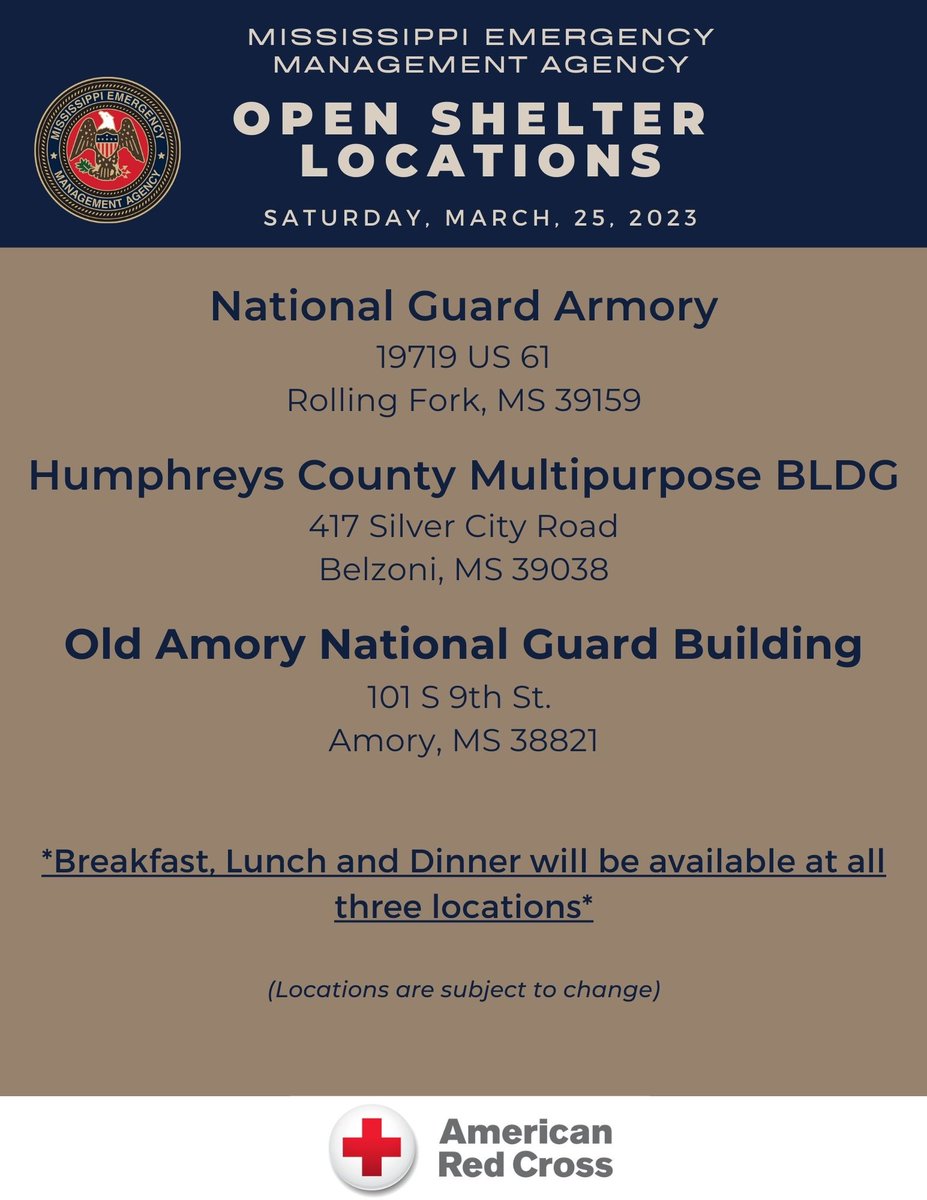 The following locations are open for those needing shelter after last nights storms. All locations are subject to change.