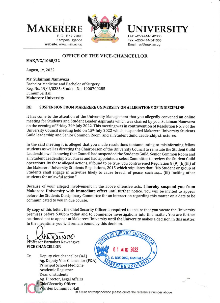 NamwozaSulaiman's tweet photo. When the activities of the students guild were suspended by the university management last year, I chaired the student's select committee to ensure that the students interests were protected. Unfortunately my suspension cut short it's activities.(1/3) https://t.co/5ecZUnNzzU