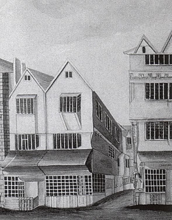 ExeterImages's tweet photo. @cguyver @RAMMuseum Correct! The current building dates from 1892. Originally, the statue was at street level on the corner. This drawing from 1770 shows what it once looked like. https://t.co/ndSzDJFbEq