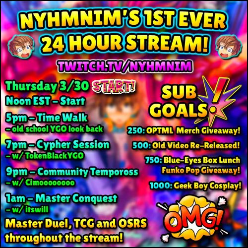 Nyhmnim's tweet photo. THURSDAY! Doing a 24 hour stream with some cool people. Rapping with @TokenBlackYgo, getting wet with @Cimoooooooo and YGO DUELING @WILLIESUEDE !!

Also some very cool giveaways and subscriber incentives! I will hopefully see you all then 🤓 https://t.co/seHyPSISX1