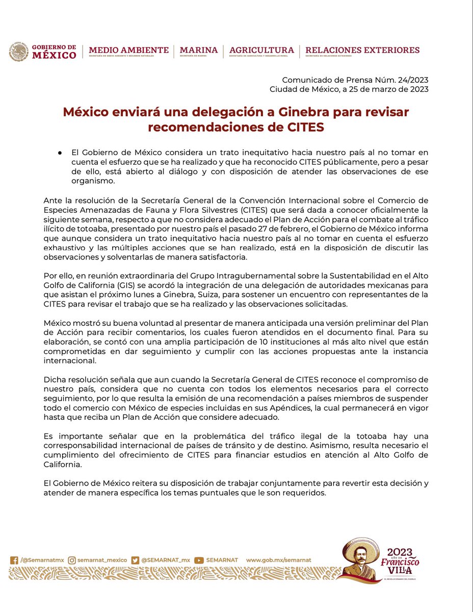 #ÚltimaHora 
<a href="/SEMARNAT_mx/">SEMARNAT México</a> anuncia que <a href="/GobiernoMX/">Gobierno de México</a> enviará delegación a Ginebra para revisar "recomendaciones" de <a href="/CITES/">CITES</a>
Por lo pronto, las sanciones comerciales se aplicarán a partir del próximo lunes debido a que México presentó un Plan de Acción #VaquitaMarina "No Adecuado".