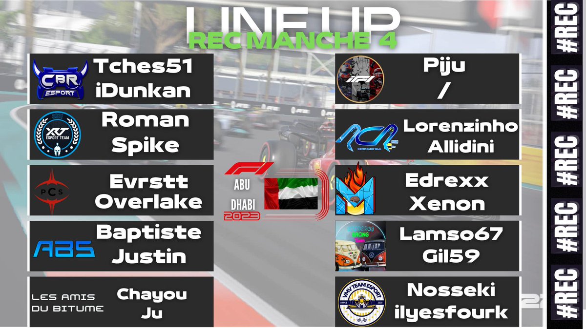 👨‍🍳LINE UP  - Manche 4 - Abu Dhabi🇦🇪

📊10 Gp de l'histoire de la REC !

🔥Premier Gp pour la <a href="/XRTracingteam/">XRT Racing Team</a> 

#REC