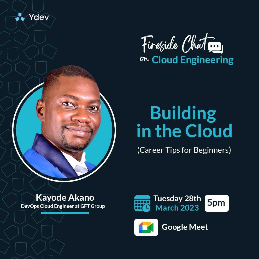 ydevacademy's tweet photo. Getting started in Cloud Engineering?
Join us this Tuesday, the 28th of March, 2023 as we talk shop with Kayode Akano, a professional in the Cloud Engineering industry 🔥
It's FREE!
Time: 5pm
Venue: Google Meet
Register here to attend: https://t.co/lg4T4KYHKC
#cloudtalks https://t.co/pEbl9VYa2J