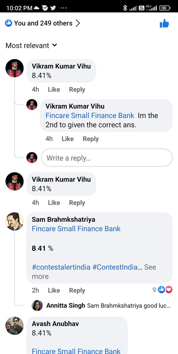 VikramKumarvihu's tweet photo. Dear @FincareBank @Fincares4You I'm given the right answer of today contest and I'm the 2nd person to win the contest so please check and updated hereby I'm attached snapshots of the same.
#FincareSmallFinanceBank 
#contestalertindia
#ContestIndia
#contest https://t.co/QoPs6oovco