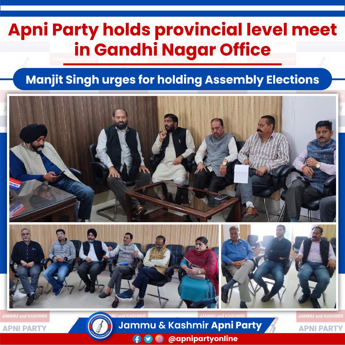 PartyKashmir's tweet photo. Apni Party holds provincial level meet in Gandhi Nagar Office

@ManjitSinghJk urges for holding Assembly Elections
 
Questions non-representation of J&amp;K people in LG Govt as Advisors  

#ApniParty  #JammuAndKashmir https://t.co/PEivd4IRXz