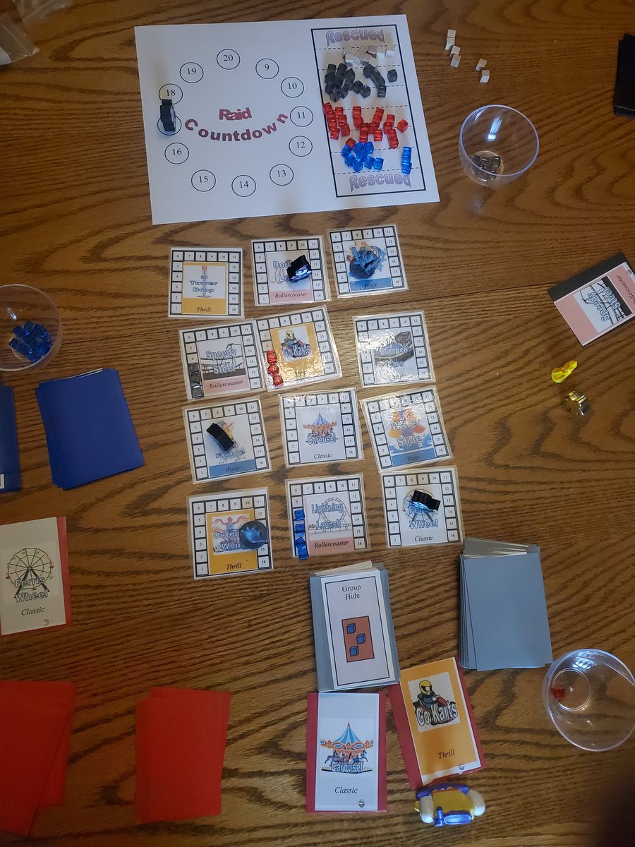 HoopCATGames's tweet photo. Two-player variant of EscapeThePark worked well, my wife rescued 21 of her campers to my 17. This prototype hugely benefitted from last weekend's feedback from Unpub playtesters. https://t.co/0oLti9gvYp