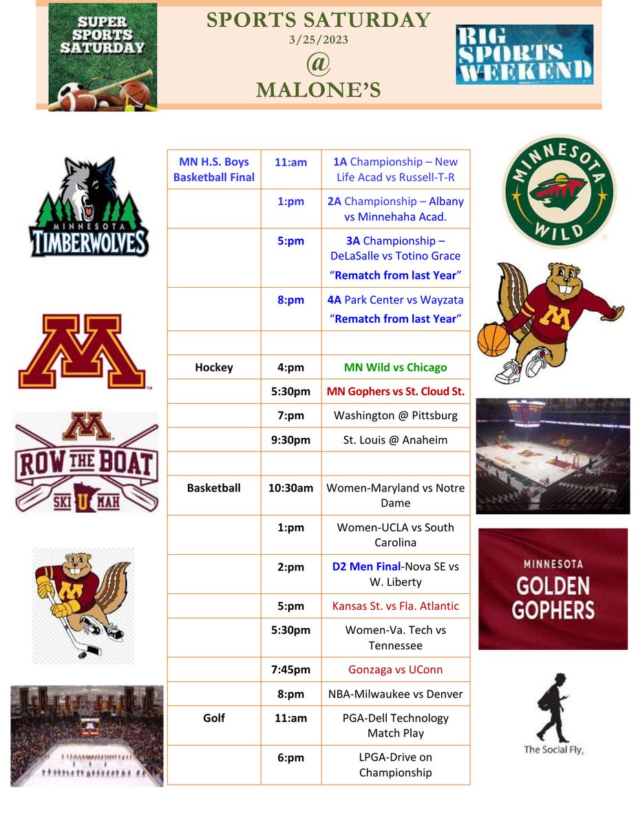 3/25 - 𝙎𝙥𝙤𝙧𝙩𝙨 𝙎𝙖𝙩𝙪𝙧𝙙𝙖𝙮 &amp; 𝙎𝙪𝙣𝙙𝙖𝙮 𝙁𝙪𝙣𝙙𝙖𝙮 @ 𝙈𝙖𝙡𝙤𝙣𝙚'𝙨, in Maple Grove: CLICK on the image to expand and read! ==> malonesbarandgrill.net 🏈 🏀🏒🌭🍯🍠🍤🍹🍷🍻👍😎

#sweet16 #finale4 #frozen 4 #mngopherhockey #mnwild #mntimberwolves