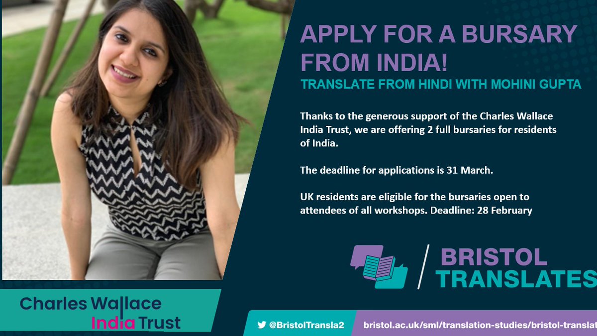 Just a few days left to apply for a bursary for our Hindi workshop with <a href="/mohinigupta28/">Mohini Gupta (she/her)</a>!

Thanks to the generous support of <a href="/CW_IndiaTrust/">Charles Wallace India Trust</a>, we are offering two fully-funded bursaries for residents of India.

Apply by Friday March 31st by email to bristol-translates@bristol.ac.uk