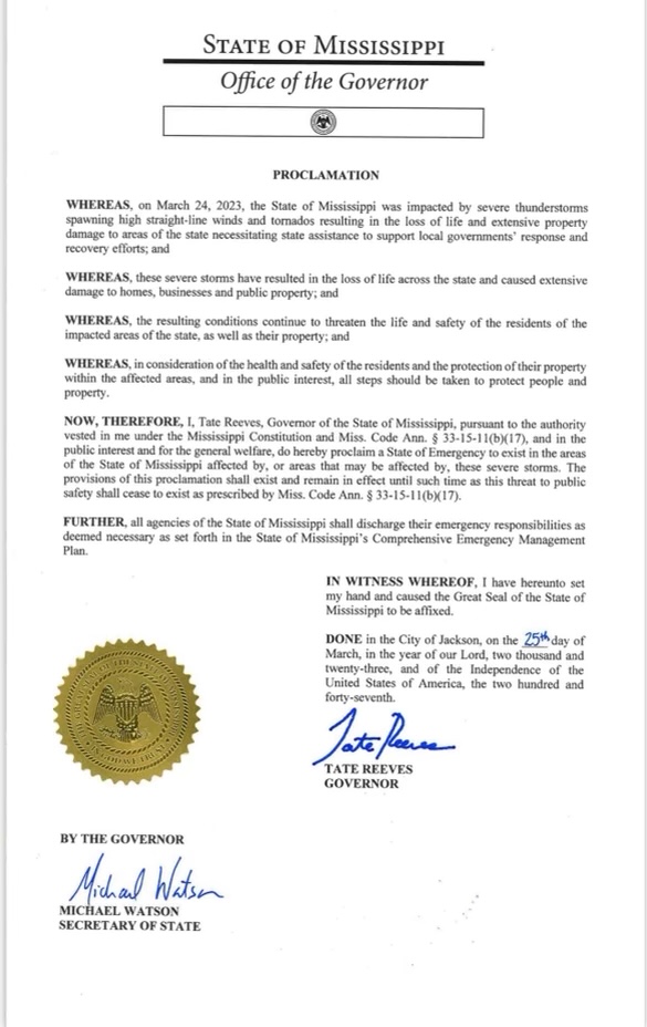 MSEMA's tweet photo. JACKSON, Miss. – Governor Tate Reeves today issued a State of Emergency in all counties affected by the severe storms which occurred across Mississippi on March 24, 2023. 

Governor Reeves’ State of Emergency can be found here. [https://t.co/sdkHlXjcUP] https://t.co/B7QWZud1Eq