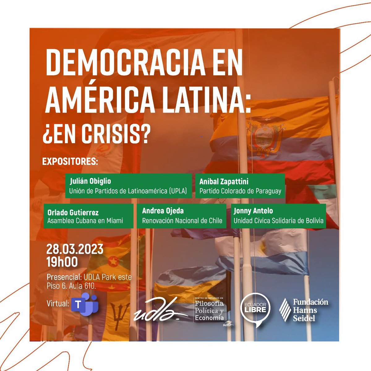 Los invitamos a este evento en conjunto con el UPLA y el CEFPE donde conversaremos sobre los desafíos de las democracias en América Latina

Te esperamos en la Universidad de las Américas, campus UDLA Park el martes 28 de marzo a las 19h00.

 #charla #democracia #latinoamérica