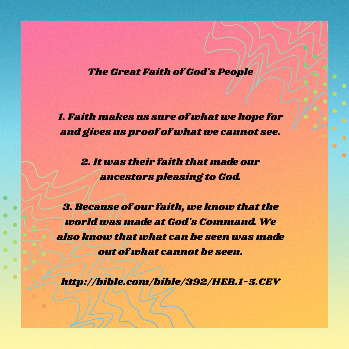 eagibbs's tweet photo. The Great Faith of God's People!
1. Faith makes us sure of what we hope for and gives us proof of what we cannot see.2. It was their faith that made our ancestors pleasing to God. 
https://t.co/2S2NIYV5V6 https://t.co/tAEjJiDtHQ