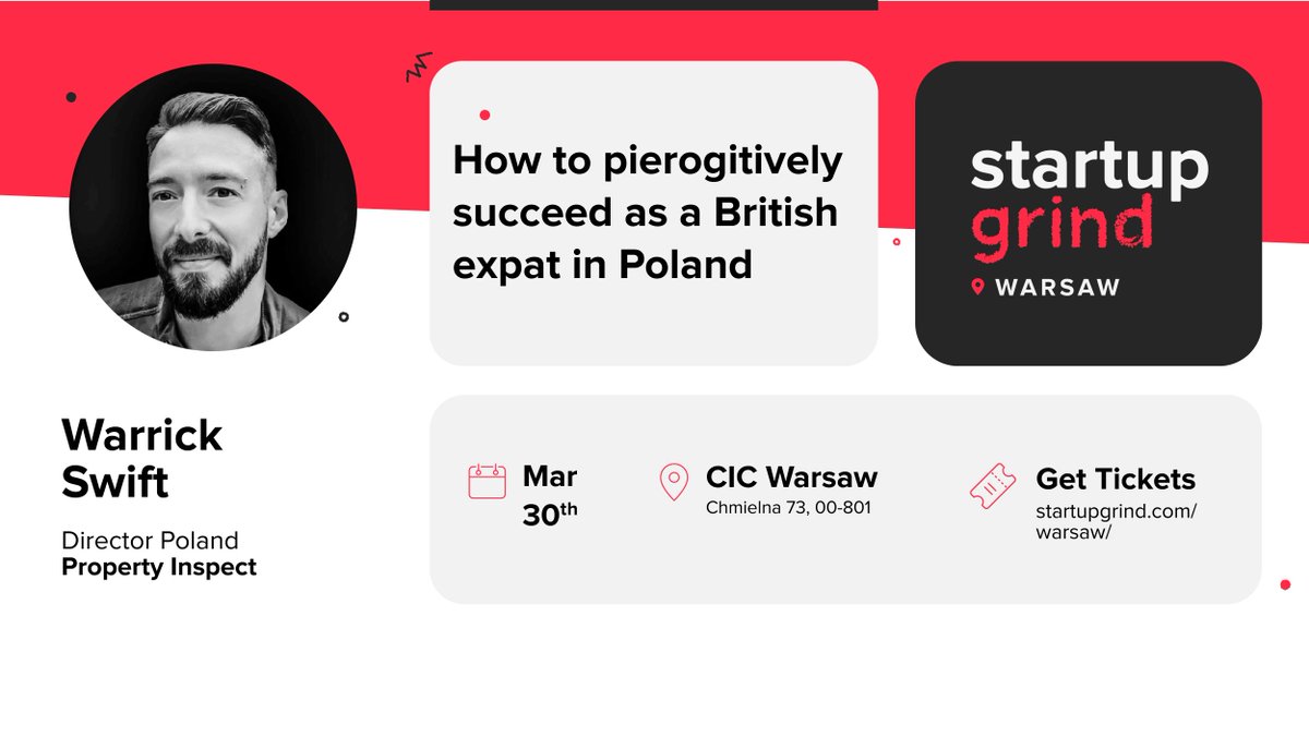 Let's see Poland from the British point of view in our upcoming event with Warrick Swift, Director at <a href="/inspectapp/">Property Inspect</a> at <a href="/VentureCafeWAW/">Venture Café Warsaw</a>
He worked as a digital marketing &amp; project manager in <a href="/Microsoft/">Microsoft</a>, <a href="/HP/">HP</a>  &amp; <a href="/panasonic/">Panasonic</a>!
#realestate #networking #startupgrind #expat #culture #startup