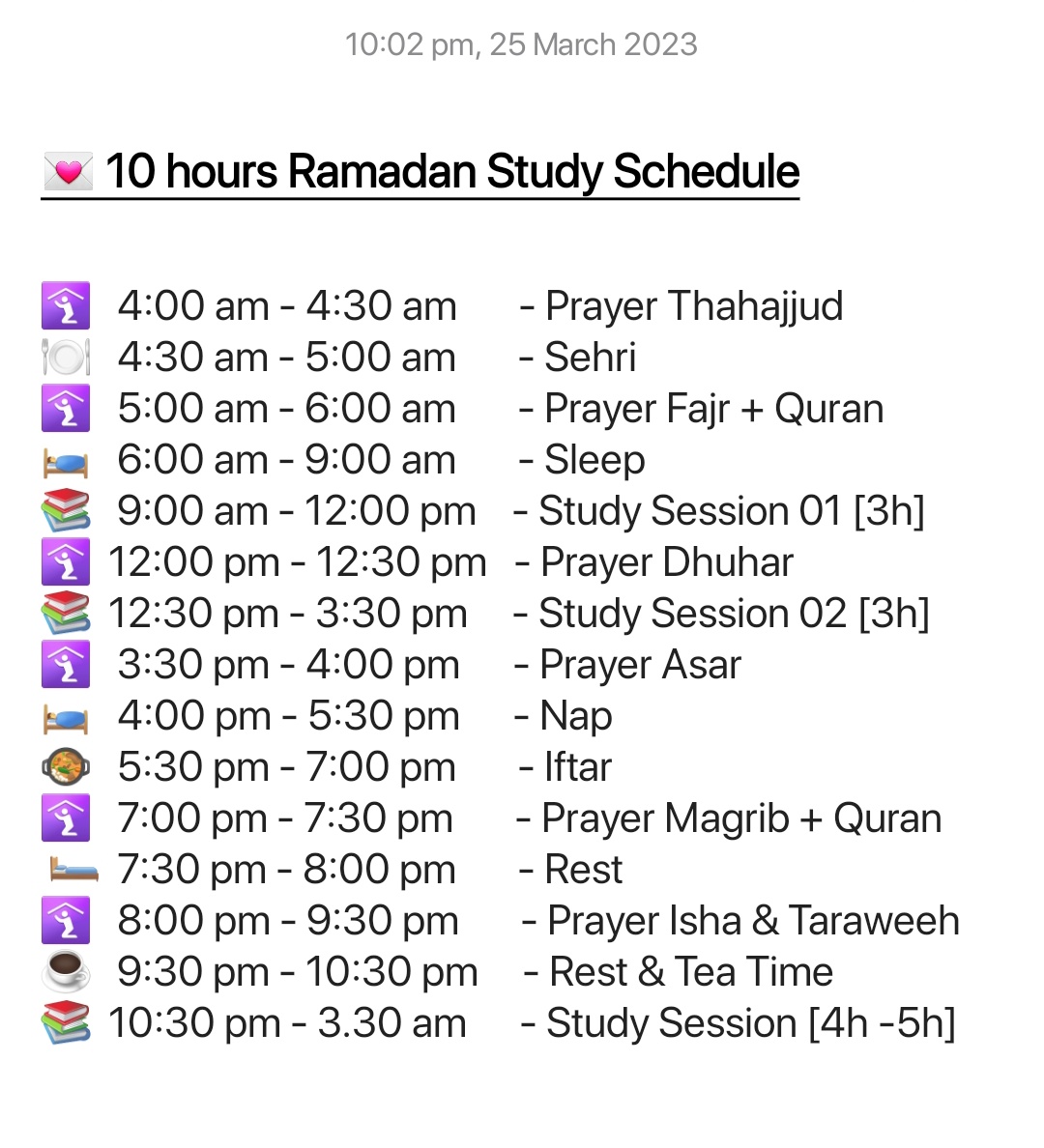 studiousZee's tweet photo. ----- ☆ 20230325 | Ramadan Study Schedule

💌 After my first day of Ramadan, I figured out the best schedule for studying and praying. Since I am in my final exam year, I have to give some certain amount of time to my academics too. Hope I can stick to it till the end. Fighting! https://t.co/2HoB8odPHE