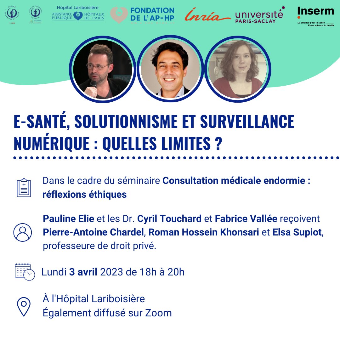 [SÉMINAIRE] 🖥️ E-santé, solutionnisme et #surveillance numérique : quelles limites ?
<a href="/PaulineElie1/">Pauline Elie</a> et les Dr. <a href="/cyriltrd/">Cyril Touchard</a> et Fabrice Vallée reçoivent <a href="/pachardel/">Pierre-Antoine Chardel</a>, <a href="/RH_Khonsari/">Roman Hossein Khonsari</a> et <a href="/ElsaSupiot/">Elsa Supiot</a>.
📅 Rendez-vous le 3 avril à 18h à l'<a href="/HopLariboisiere/">Hôpital Lariboisière - Fernand-Widal AP-HP</a> et sur Zoom ⤵️
chaire-philo.fr/calendrier/sea…