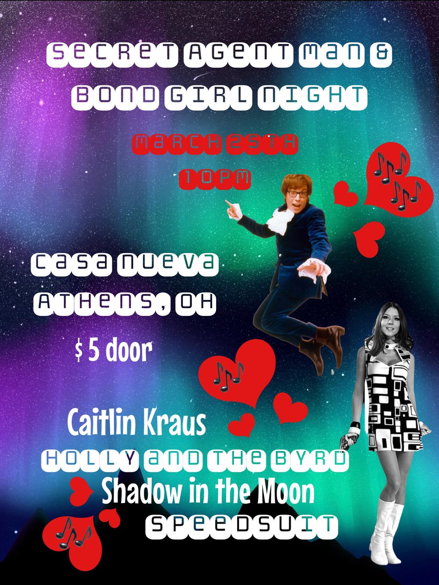 HollyOlsenMusic's tweet photo. #LiveMusic Tonight in Athens, #Ohio #JamesBond #SecretAgent #Theme #hollyandthebyrd #SpringbreakTour #Springbreak w/ #ShadowintheMoon #Speedsuit #CaitlinKraus #athens #OhioUniversity #Radio #itunes #Spotify #reverbnation #punk #rocknroll #Rockband #Band #BandMerch #bandcamp https://t.co/BknTBbEZUb