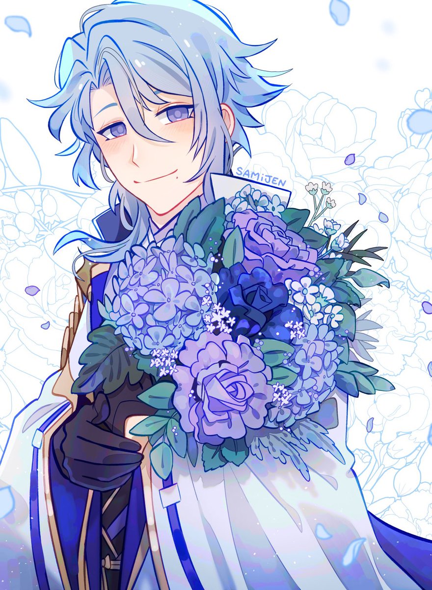 kamisato ayato 1boy flower male focus mole under mouth mole blue hair bouquet  illustration images