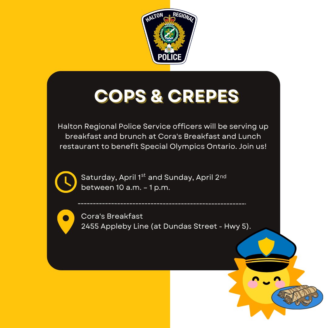 HaltonPolice's tweet image. Join us April 1st and 2nd for the Special Olympics (Law Enforcement Torch Run) fundraiser at Cora’s Breakfast and Lunch Restaurant! 🥞🍳🚔