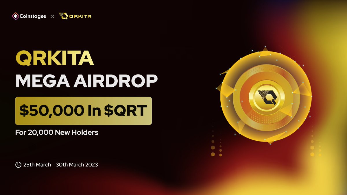 🥳We’re excited to announce our next Mega #AIRDROP with <a href="/qrkitaexchanger/">TokoQRT</a>

🎁Prize Pool: $50,000 In $QRT 

📃Task
➡️Follow <a href="/Coinstages/">Coinstages</a> &amp; <a href="/qrkitaexchanger/">TokoQRT</a>
➡️Tag 3 Your Friends
✅Complete gleam.io/Ms9O2/qrkita-x…

⏰ End 30th March

#MegaAirdrop #Airdrop #Giveaway #QRT #Coinstages