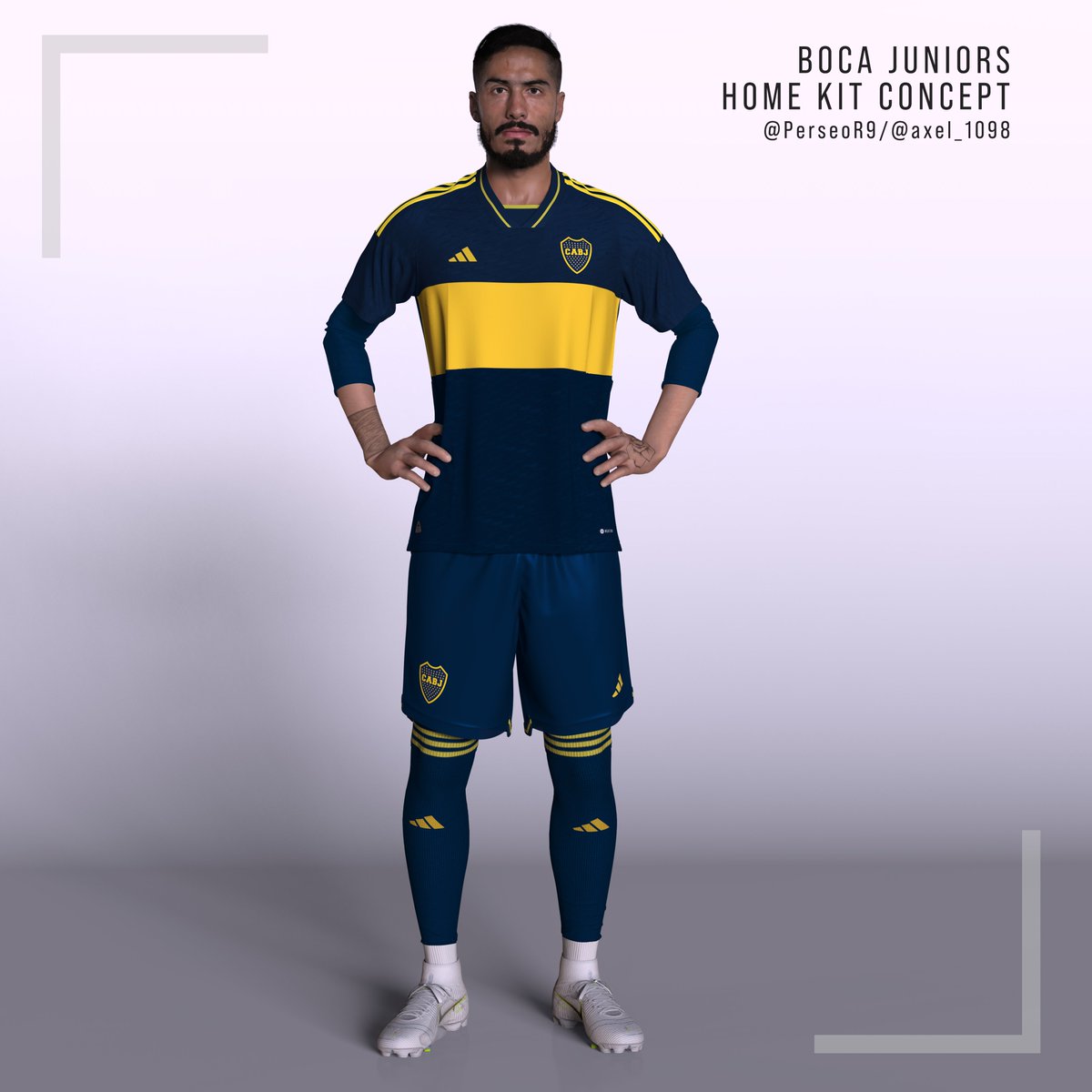 PerseoR9's tweet photo. Hace poco me crucé con unos diseños de @axel_1098 y le propuse llevarlos a 3D. Así que me puse a trabajar para que sea lo más realista posible. Pasen y vean. 👇@BocaJrsOficial x @adidas https://t.co/eXFFd0rCHr