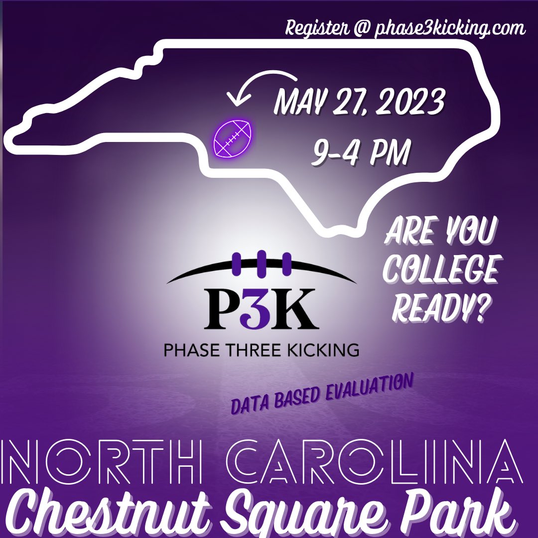 Phase3Kicking's tweet photo. Join us at our Charlotte @phase3kicking Camp May 27 at Chestnut Square Park with @CoachDanZeidman & our #P3K staff. Professional Instruction, Charting build into Competition, Player Evaluation and Exposure to College Coaches. Ages 10-21 All Skills. Info & Register here https://t.co/Xqr8zN7c89
#CompeteToBeElite