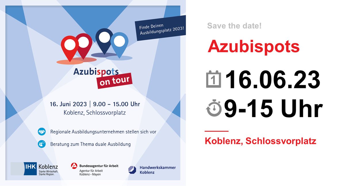 AA_KOMY's tweet photo. #Azubispots - Ausbildungsmesse der IHK, HwK und Agentur für Arbeit
🗓️Freitag, 16. Juni 2023
⌚️9-15 Uhr
🧭Koblenz, Schlossvorplatz
Vorbeikommen und #AusbildungKlarmachen
https://t.co/CEwkZhuRDG https://t.co/qLDTHhxs6S
