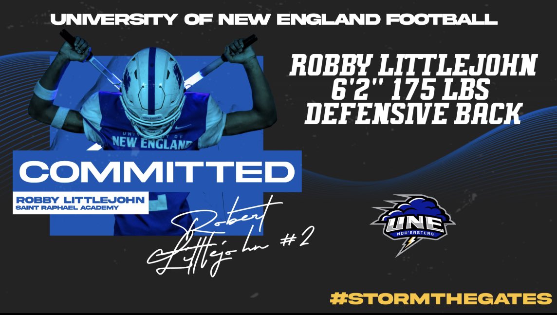 roblittlejohn1's tweet photo. Here I come Nor’ Easters. #STG #StormTheGates 🌩️💙 @UNEfootball @CoachLichten @SRA_Football @SRASaints https://t.co/lpQ13vVRrh
