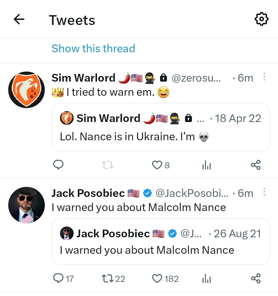 Twitter gold...
<a href="/zerosum24/">Sim Warlord 🌶🇺🇸🥷</a> <a href="/JackPosobiec/">Jack Posobiec</a>
